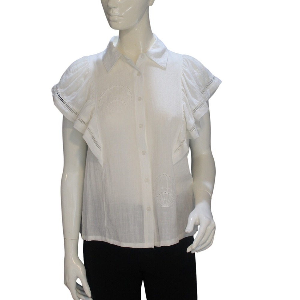 Calypso St Barth White Ruffle Sleeve Button Blouse Eyelet Detail Size S NWT